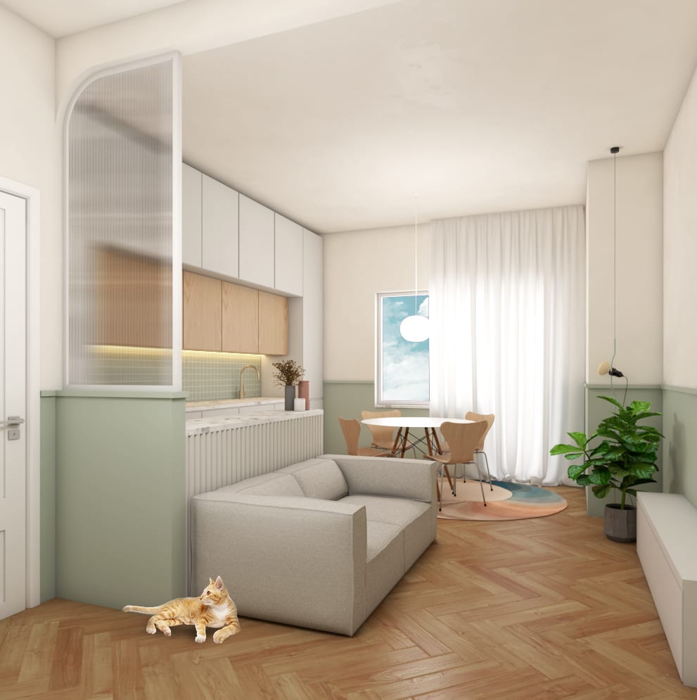 Boiserie colorata che collega gli ambienti, progetto Primavalle